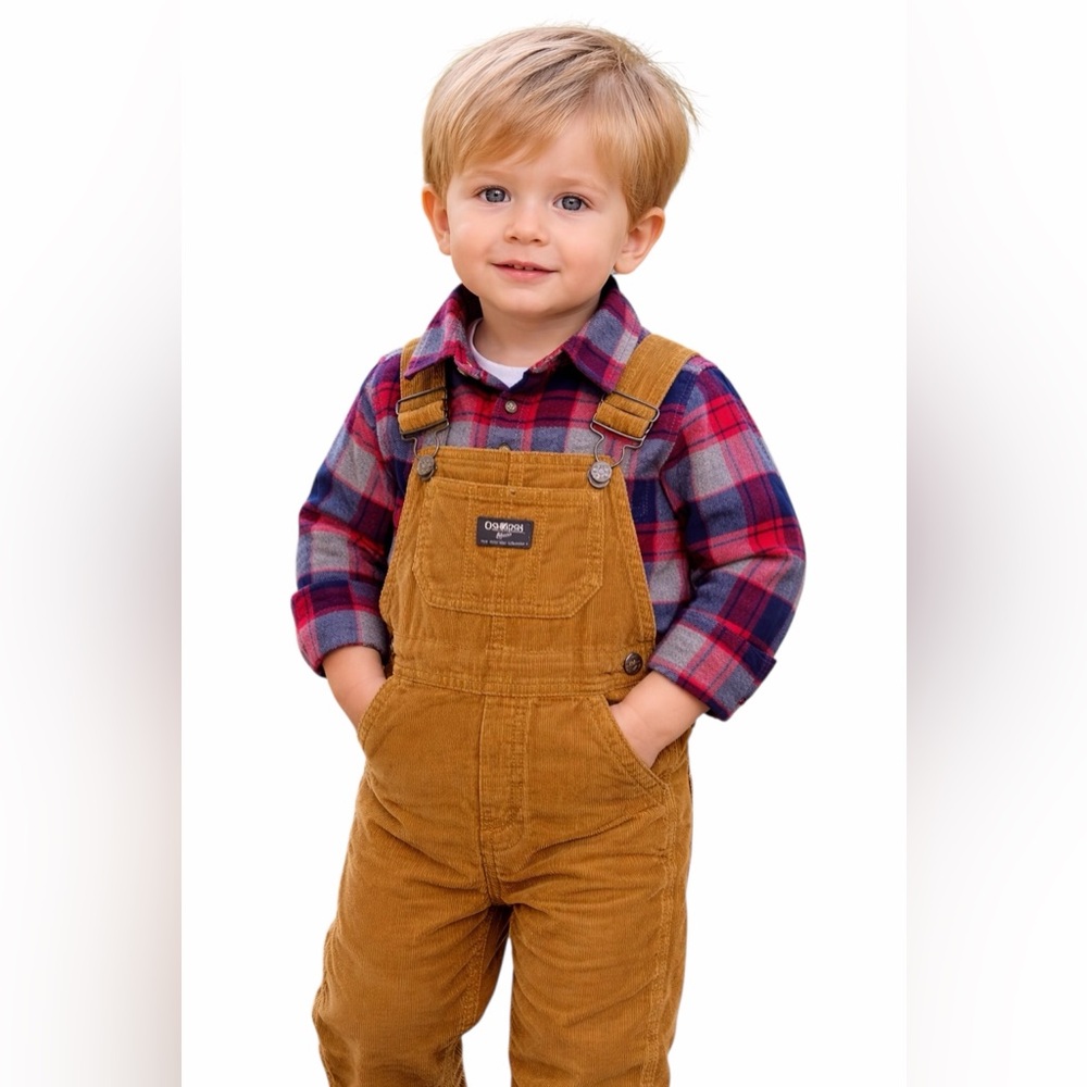 OshKosh B'gosh Brown Corduroy Overalls with Plaid Shirt
